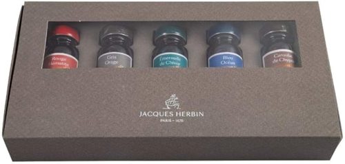 Frascos de tinta de 10 ml para canetas-tinteiro e canetas esferográficas - Rouge Hématite, Gris Orage, Émeraude de Chivor, Bleu Océan, Caroube de Chypre - Conjunto de 5, Jacques Herbin - Ref 14000JT