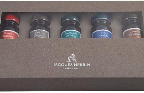 Frascos de tinta de 10 ml para canetas-tinteiro e canetas esferográficas - Rouge Hématite, Gris Orage, Émeraude de Chivor, Bleu Océan, Caroube de Chypre - Conjunto de 5, Jacques Herbin - Ref 14000JT
