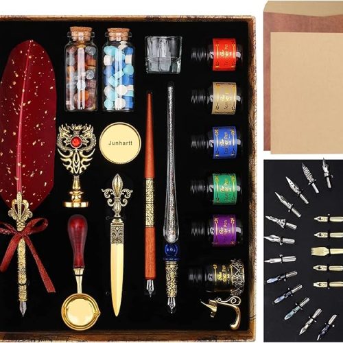 Conjunto de caneta e tinta de pena, caneta de caligrafia de vidro e kit de carimbo de cera (vermelho), Junhartt