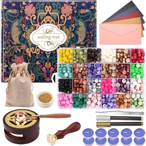 Kit de selos de cera – 24 cores, 624 peças de contas de carimbo, aquecedor de cera de vedação, caneta metálica e envelope, conjunto de presente e decoração, CHUHUAYUAN