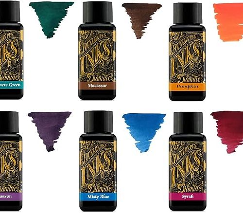 Diamine Tinta para caneta-tinteiro 30 ml – Roda colorida – 6 frascos – Verde Delamere, Macassar, Abóbora, Damson, Azul Misty, Syrah
