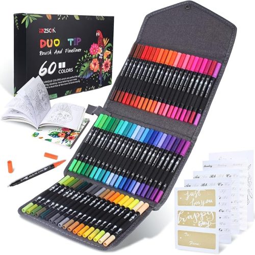 Canetas de colorir ZSCM com pincel duplo, marcadores de arte de 60 cores, caneta fina e com ponta de pincel para crianças, adultos, livros de colorir, cadernos, agendas, anotações, anotações, incluindo papel de caligrafia
