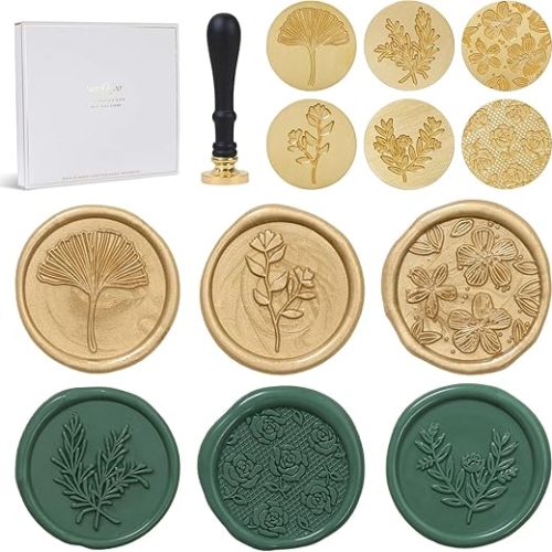 Conjunto de carimbo de cera, 6 peças, selos florais, kit de carimbo de vedação botânica, cabo de madeira com cabeça de latão para cartões de casamento, presente