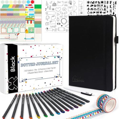 Kit de diário pontilhado, feela Dot Grid Journal capa dura conjunto de caderno para iniciantes mulheres meninas anotações com suprimentos de diário adesivos canetas acessórios, A5, 224 páginas, preto